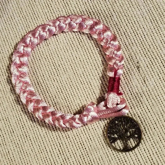 Braided Pale Pink Silk Antique Brass Tree of Life Charm Button Bracelet - Picture 3 of 5
